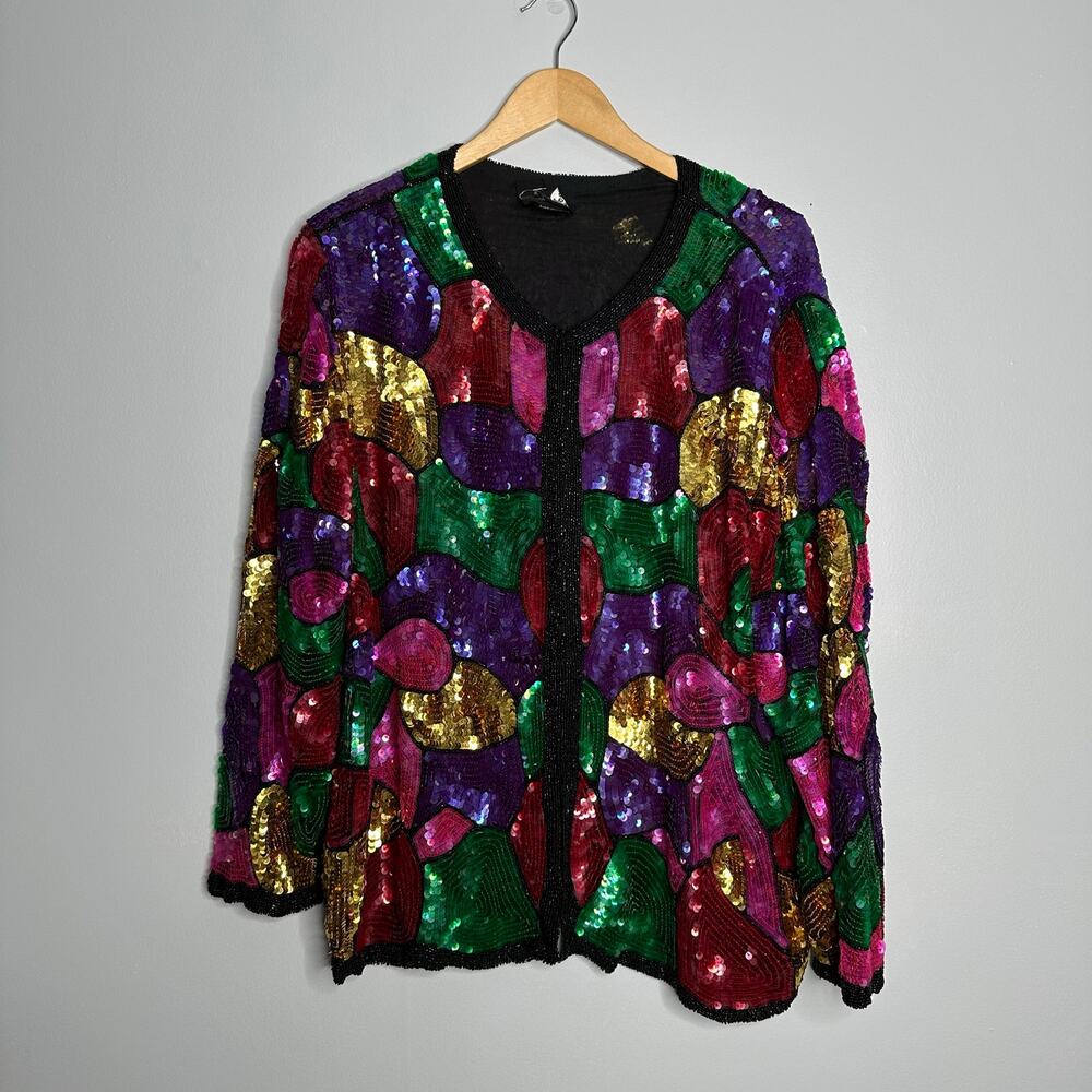 Joseph Le Bon Sequin Jacket Womens L Multicolor EUC Vintage Silk Beaded Abstract